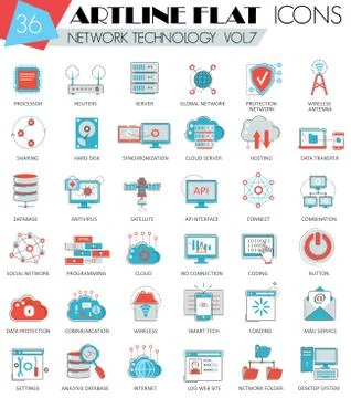 Vector Network technology ultra modern outline artline flat line icons for web Stock Illustration