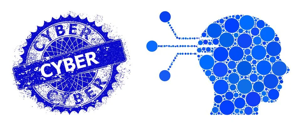 Vector Neural Interface Mosaic of Dots with Grunge Cyber Stamp Seal Stock Illustration