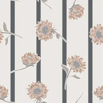 Vector Neutral Colored Sunflowers on Stripes seamless pattern background. Per Stock Illustration