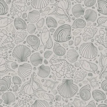 Vector neutral grey repeat pattern with variety of seashells. Suitable for te Illustrazione stock