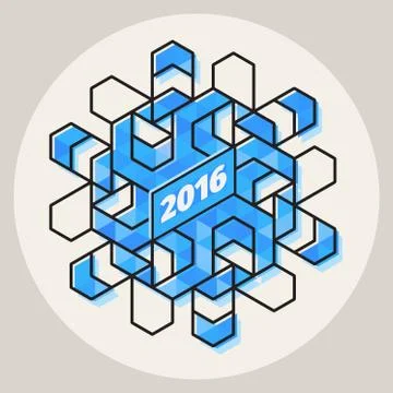 Vector New Year 2016 Geometric Blue Snowflake Shape In Circle With Line Art Stock Illustration