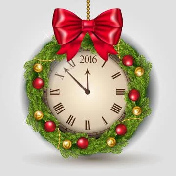 Vector New Year Concept with Clock with garland and Christmas ball. Stock Illustration