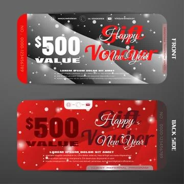 Vector new year gift voucher on the dark gray and red gradient background wit Stock Illustration