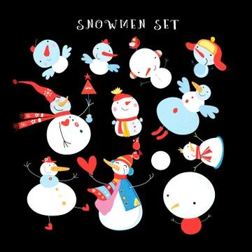 Vector New Year's winter set of different snowmen Stock Illustration