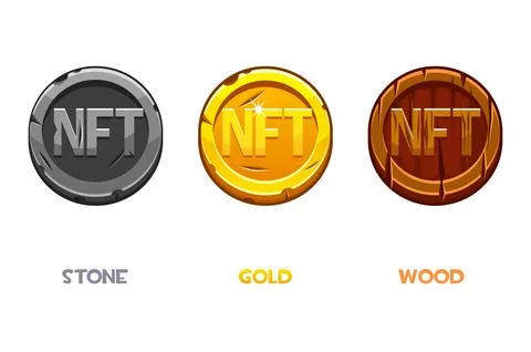 Vector NFT coins of different materials, golden, stone and wooden. Cryptocu.. Illustrazione stock