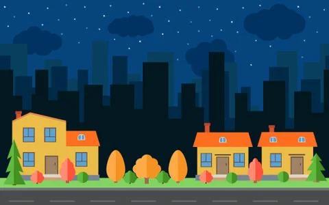 Vector night city with three cartoon houses and buildings. City space with road Stock Illustration