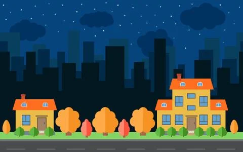 Vector night city with two cartoon houses and buildings Illustrazione stock