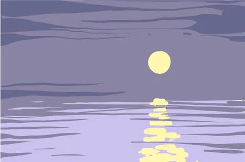 Vector night clean sky with yellow moon, stars and calm sea. Stock Illustration