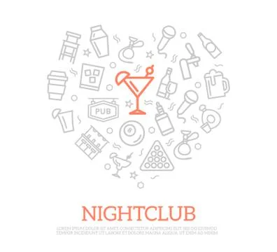 Vector night club thin line icons in heart shape design concept. Illustration Stock Illustration