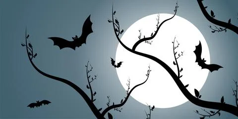 Vector. Night, full moon and bats, branches, horizontal background. Stock Illustration