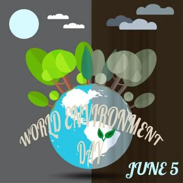 Vector night illustration of World Environment Day with a globe, moon, fore.. Stock Illustration