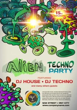 Vector night party invitation in alien techno style. Vector temp Illustrazione stock