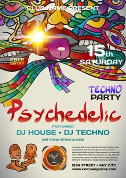 Vector night party invitation in psychedelic techno style. Vecto Stock Illustration