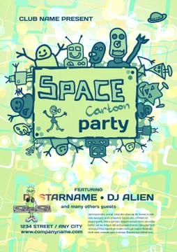 Vector night party invitation. Vector template with cartoon alie Stock Illustration