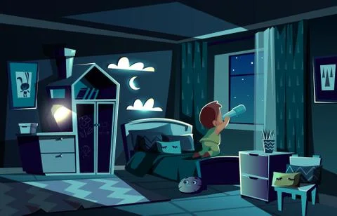 Vector night room, boy watching by spyglass Stock Illustration