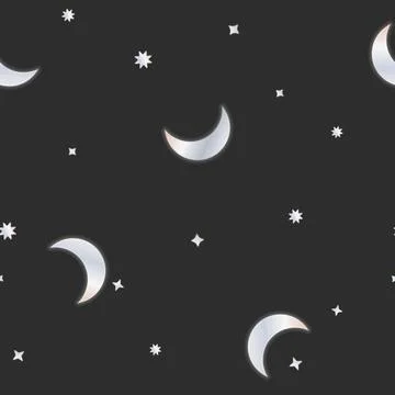 Vector Night Sky of Crescent Moon and Stars with Silver Metal Effect seamless Stock Illustration