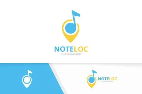 Vector note and map pointer logo combination. Music and gps locator symbol or Illustrazione stock