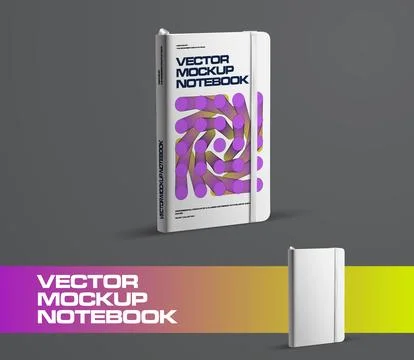 Vector notebook mockup with elastic band, bookmark, notepad stands on backg.. Stock Illustration