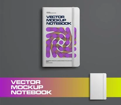 Vector notebook mockup, top view, with elastic band, notepad with geometric.. Stock Illustration