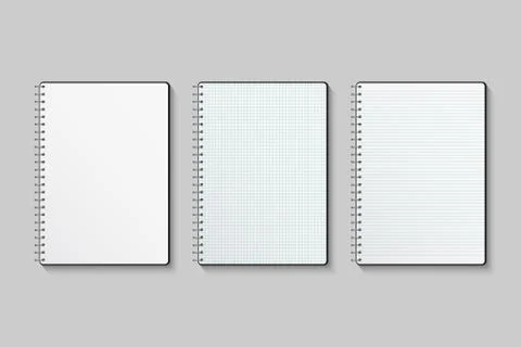 Vector notebook set. Blank, lined and squared paper notebooks isolated on gray Stock Illustration