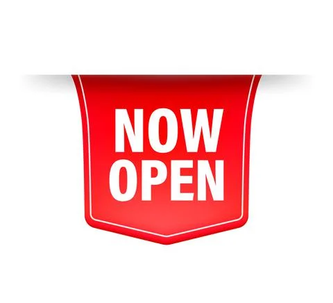 Vector now open red banner. Label with text in flat style. Vector illustratio Иллюстрация