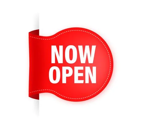 Vector now open red banner. Label with text in flat style. Vector illustratio 库存插图