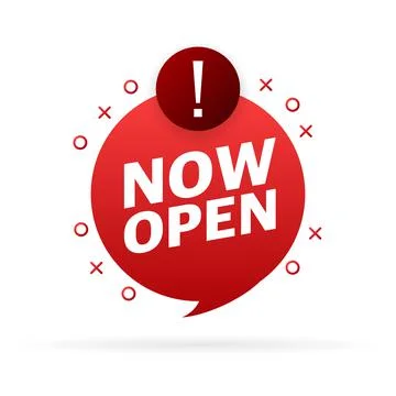 Vector now open red banner. Label with text in flat style. Vector illustration Stockillustratie