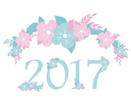 Vector numbers 2017 with blue and pink flowers Stock Illustration