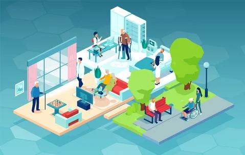 Vector of a nursing home with elderly people with disabilities being assisted Stock Illustration