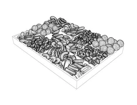 Vector nuts set contour. Vector background of dry nuts and seeds - almond, Stock Illustration