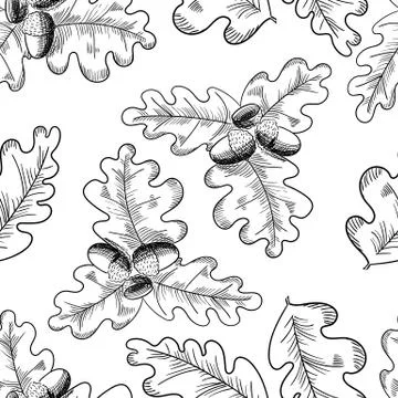 Vector oak leaf and acorn drawing seamless pattern. Autumn elements. Stock Illustration