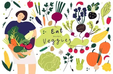 Vector objects collection. Woman with vegetables. Organic and vegetarian food Stock Illustration