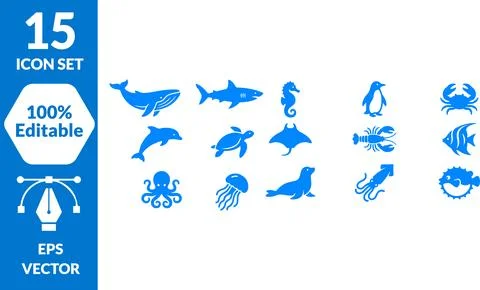 Vector Ocean Animal Icon Bundle Featuring Assorted Marine Life Silhouettes Stock Illustration