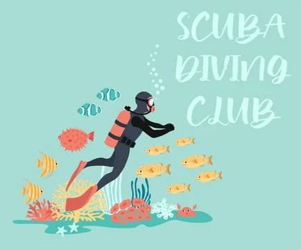 Vector ocean illustration with diver, fish, crab, algae, corals. Scuba diving Illustrazione stock