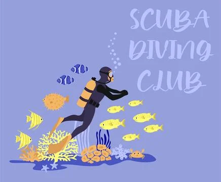 Vector ocean illustration with diver, fish, crab, algae, corals. Scuba diving Ilustración de archivo