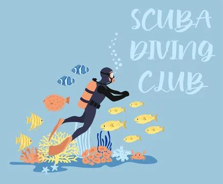 Vector ocean illustration with diver, fish, crab, algae, corals. Scuba diving Stock Illustration