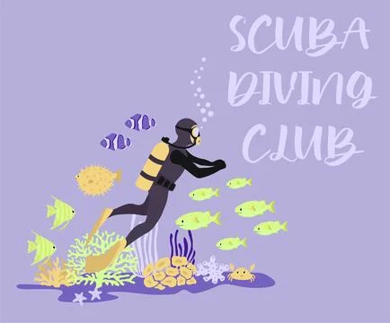 Vector ocean illustration with diver, fish, crab, algae, corals. Scuba diving Illustrazione stock