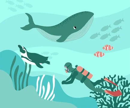 Vector ocean illustration with diver, penguin, clown fish, algae, corals Illustrazione stock
