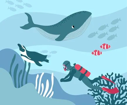 Vector ocean illustration with diver, penguin, clown fish, algae, corals Illustrazione stock