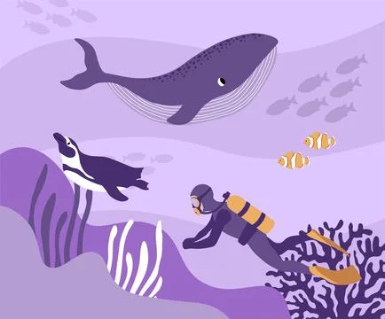 Vector ocean illustration with diver, penguin, clown fish, algae, corals Stock-Illustration