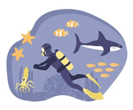 Vector ocean illustration with diver, shark, clown fish, starfish, squid, algae Illustrazione stock