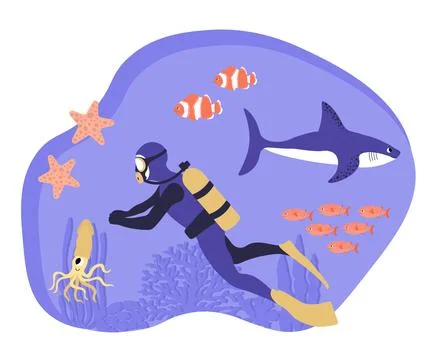 Vector ocean illustration with diver, shark, clown fish, starfish, squid, algae Stock Illustration