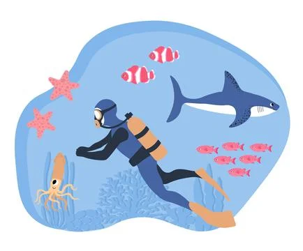 Vector ocean illustration with diver, shark, clown fish, starfish, squid, algae Stock Illustration