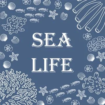 Vector ocean illustration with fish, shells, corals, algae. Sea life - modern Stock Illustration