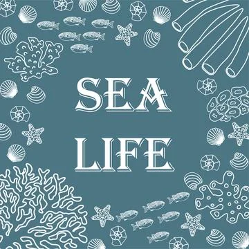 Vector ocean illustration with fish, shells, corals, algae. Sea life - modern Stock Illustration
