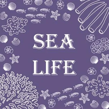 Vector ocean illustration with fish, shells, corals, algae. Sea life - modern Illustrazione stock