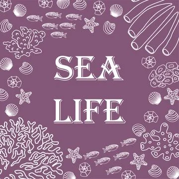 Vector ocean illustration with fish, shells, corals, algae. Sea life - modern イラスト素材
