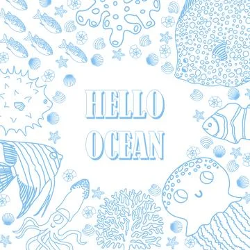 Vector ocean illustration with fish,jellyfish,squid,corals,algae,shell.Hello Stock Illustration