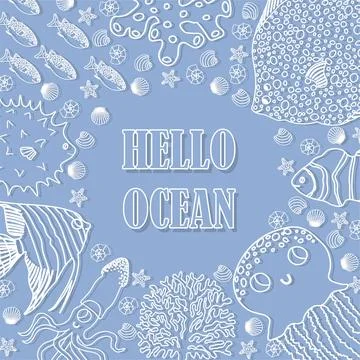 Vector ocean illustration with fish,jellyfish,squid,corals,algae,shell.Hello Stock Illustration