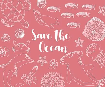 Vector ocean illustration with hammer fish,ellyfish,devil fish,penguin,crab.Save Stock Illustration